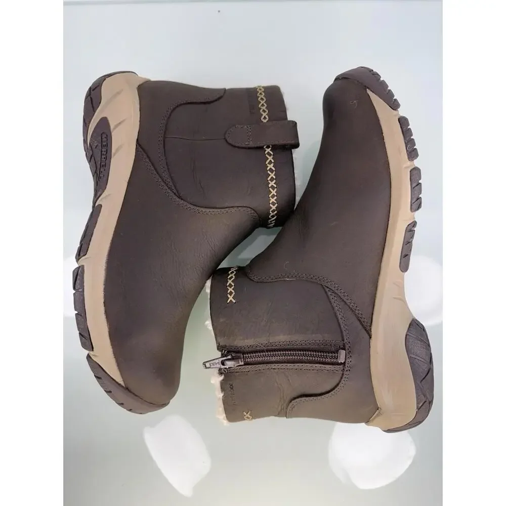 Merrell Encore 4 Bluff Ankle‎ Snow Boots Sz 6 Zip Brown Leather Cozy Faux Fur